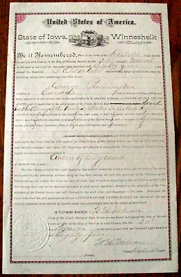 Civil War Decorah First Iowa Cavalry Citizenship Certificate 1885 • $135