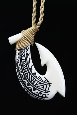 Hawaiian Fish Hook Necklace ( Buffalo Bone ) - Hand Carved Tribal Design Maui • $15.26