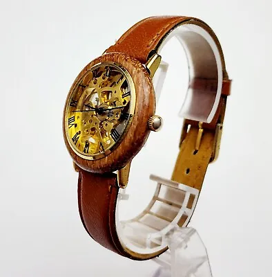 Unisex SKELETON Watch. Wooden Bezel. Manual Wind. Midsize • $50