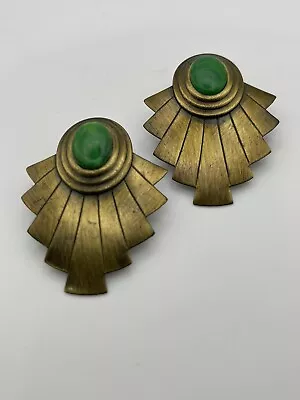 Vintage Art Deco Style Gold Tone Green Enamel Stud Earrings  • $12.50