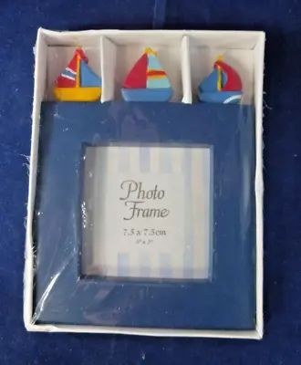 Brand New Child Photo Frame Small Blue Wood Sailing Boats.7.5 X 7.5 Cm.Free Post • £7.50