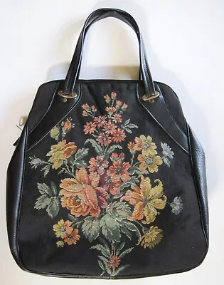 Vintage Floral Tapestry Carpet Leather Bag Purse Black Large Studded Bottom READ • $25