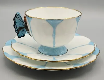 RARE ART DECO AYNSLEY BLUE BUTTERFLY HANDLE TEA  CUP & SAUCER  Trio 1930's E • £500