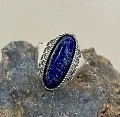 Vintage Navajo Native American LAPIS LAZULI Sterling Silver Ring Size 10 SIGNED • $59.89