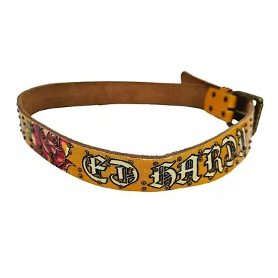 Ed Hardy Genuine Leather Belt Rose Tiger Yellow Red Studded Y2K 90s Retro Casual • $43.83