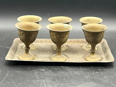 Vintage Set Of 6 Egg Cups Brass On Tray Serving Table Centre • $67.04