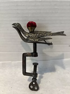 Antique Embossed Victorian Spring Loaded BIRD Clamp Velvet Pin Cushion Sewing • $65