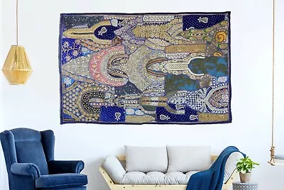 Indian Heavy Hand Embroidered Wall Hanging Vintage Zari Patchwork Beads Tapestry • $82.50