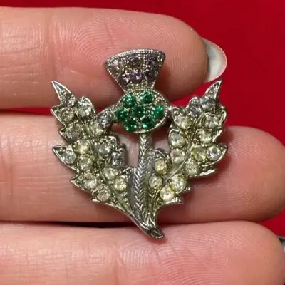 Vintage Dainty Scottish Thistle Flower Silver T Green Rhinestones Brooch Pin • $31.49