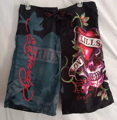 ED HARDY Christian Audigier Surf Board Shorts Swim Trunks Black 31 Rare HTF Y2K • $29.99