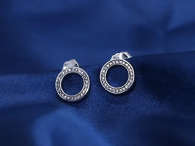 New Silver Pandora Stud Earrings Round Sparkling Circle Pave Crystals S925 Ale • £20.98