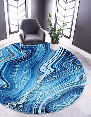 Marble Swirl Blue Gold Round Area Rug Washable Modern Abstract Rug Bedroom Rugs • $280.49