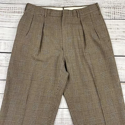 VTG Ralph Lauren Wool Trousers Dress Pants Size 34x29.5 Houndstooth Plaid Brown • $59.99