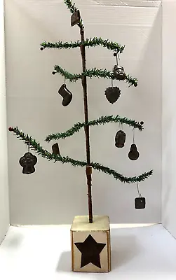 Primitive Feather Christmas Tree Decorated Wood Base 25  Vintage • $75