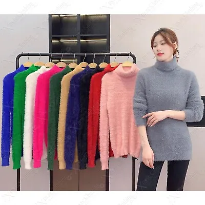 New Womens Ladies Fluffy Soft Knit Polo & V-neck Warm Mohair Jumper Top Sweater • £9.99