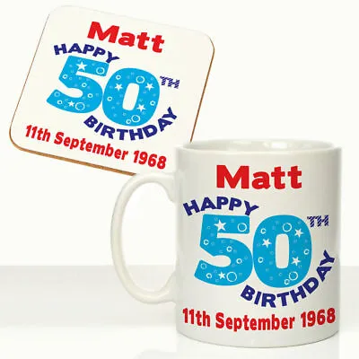 Personalised Mens 50th Birthday Mug Coaster Set Uncles Dads 50th Birthday Gift • £15.99