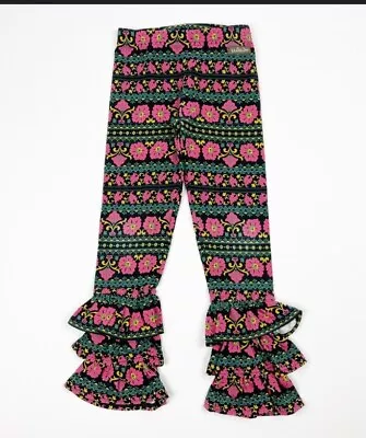 MATILDA JANE Festive Benny Floral Leggings 8 Black×Pink Ruffle Hem Knit Pants • $14.99