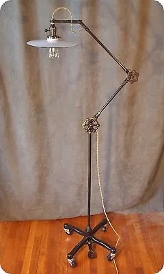 Vintage Industrial Floor Lamp - Machine Age Task Light - Cast Iron - Steampunk • $435