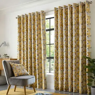 Skandi Eyelet Curtains Geometric Jacquard Woven Lined Ring Top Curtain Pairs • £7