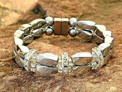 Silver Magnetic Therapy Hematite Bracelet Anklet W Crystal N Rhinestone 2 Row • $46.99