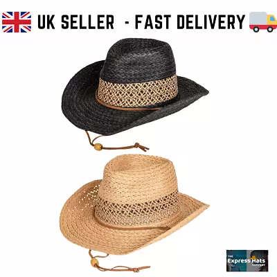 Adults' Unisex Straw Cowboy Hat With Chin Cord And Detailed Band. Fast UK Post48 • £16.95