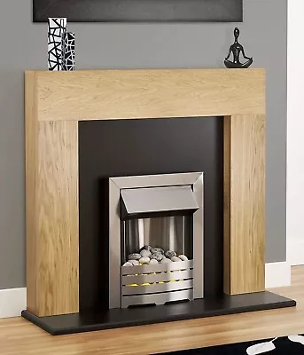 Electric Fire Oak Wood Fireplace Modern Black Surround Led Silver Pebbles • £474.90