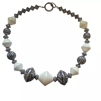Estate Tribal Beads  16” Long Necklace Choker Faux Ivory Silver Tone Vintage • $10.88