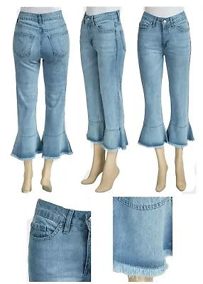 £7.99 • Buy New Ladies Bell Cuff Frayed Cropped Denim Jeans 3/4 Length  RRP £25