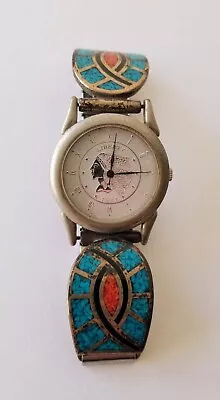 Vintage Sterling Turquoise And Coral Native American Wrist Watch Band • $49.99