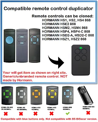 Remote Control Duplicator For Hormann HS1 HS2 HS4 868 (BLUE Buttons ONLY!!!) • £11.99