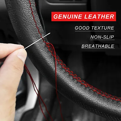 Red Thread Genuine Leather Car Steering Wheel Cover Auto Breathable Protector • $15.99