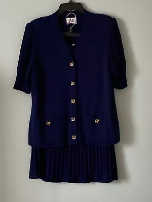 Vintage Mita Krinkle Spun 2-Piece Knit Suit Navy Sz 16 • $72.99