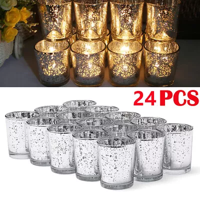 24X Speckle Silver Glass Tea Light Candle Holders Votive Wedding Home Xmas Decor • £17.99