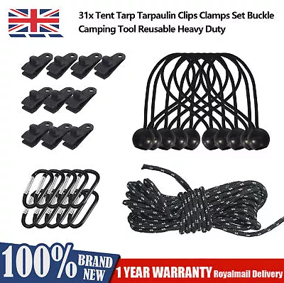 31Pcs Reusable Tent Tarp Tarpaulin Clip Clamp Buckle Bungee Cord Heavy Duty Camp • £10.49