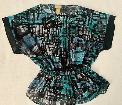 Miss Tina By Tina Knowles Mutli Color Silky Blouse Short Sleeve Size Small S 4-6 • $11.99