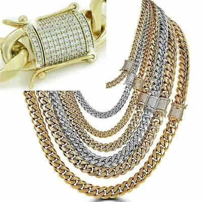 Miami Cuban Link Chain W. 1ct CZ Clasp 14k 18k Gold Plated Stainless Steel • $44.79