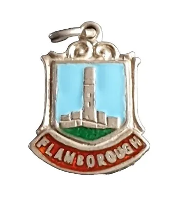 FLAMBOROUGH LIGHTHOUSE Silver Vintage Travel Shield Enamel Fob Souvenir Charm • £4.99