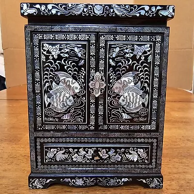 Vintage Oriental Black Lacquer Jewelry Box With Drawers & Mother Of Pearl Inlay • $129.95