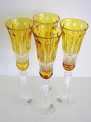 FABERGE XENIA AMBER GOLD CASED CUT TO CLEAR CHAMPAGNE 10  FLUTES Set Of 4 • $475