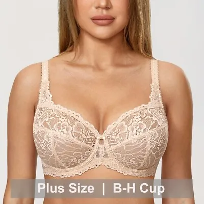 DELIMIRA Women's Plus Size Minimizer Bras Full Cup Unlined Underwire Lace Bra • £23.99