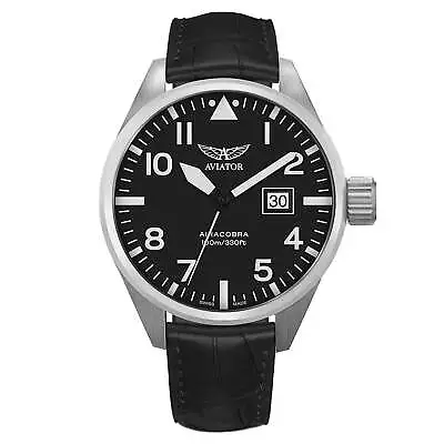 Aviator Black Leather Swiss Made Men's Watch - V12201484 • $559