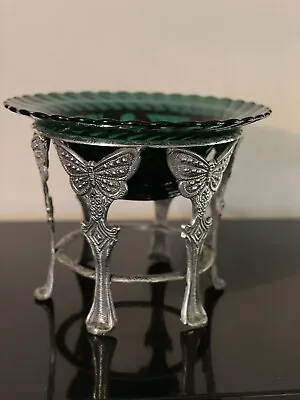 Vintage Metal Footed Silver Pedestal Stand W/ Forest Green Glass Bowl • $50