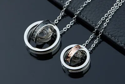 Black Gold Titanium Steel Silver Triple Rings Pendant Lovers Couple Necklace • £4.99