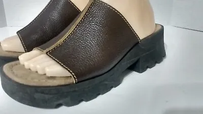 Vintage  MIA Chunky Heel Platform Sandals Brown Leather Slip On 10 M • $19.99