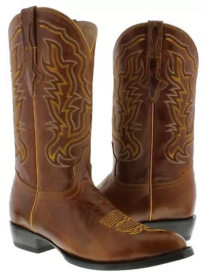 Mens Western Cowboy Boots Cognac Embroidered Leather Botas Vaquero Size 9.5 12 • $119.99