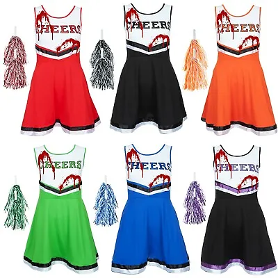 Zombie Cheerleader Fancy Dress Halloween Adult Blood Vampire Costume + Pom Poms • £19.45