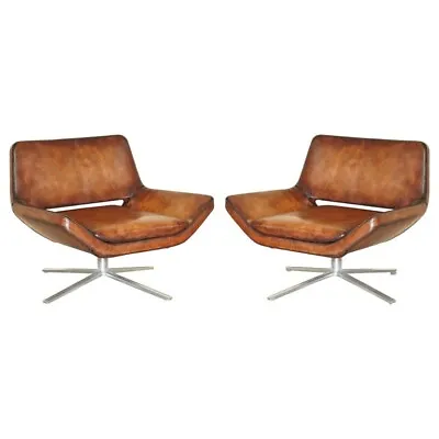 Pair Of Fine B&b Italia Metropolitan Hand Dyed Brown Leather Swivel Armchairs • £6000