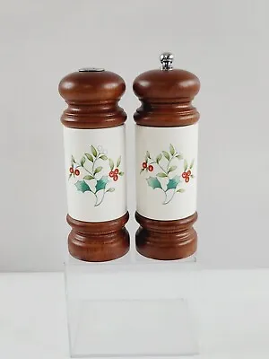 Mr. Dudley Holly Berry Wood & Porcelain Salt Shaker & Pepper Grinder Vintage • $18