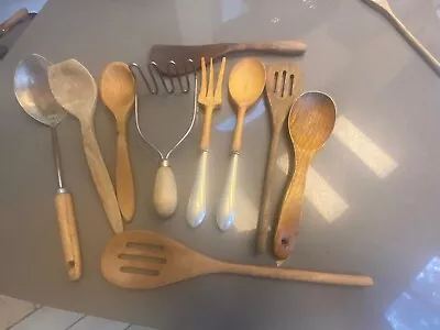 Vintage KITCHEN UTENSILS WOODEN OR WOOD HANDLED LOT OF 10 • $24