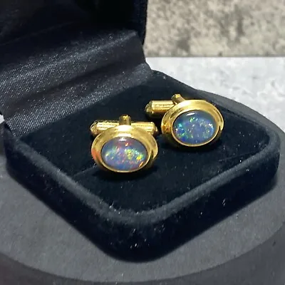 VINTAGE Opal Triplet Cufflinks Gold Tone Retro Gift Smart Wedding Sparkly Oval • $25.25